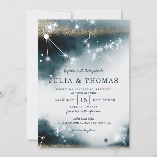 Invitation Élégant Galaxy Blue Gold Stars Mariage (Devant)