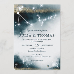 Invitation Élégant Galaxy Blue Gold Stars Mariage