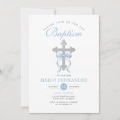 Invitation Élégant garçon Baptême Blue Bow Parties scintillan (Devant)