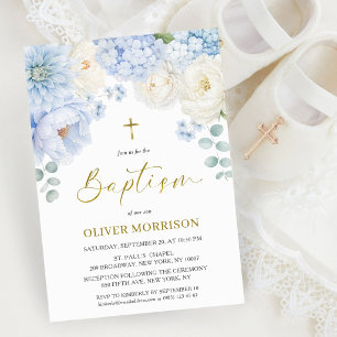 Invitation Élégant Garçon Baptême Croix Dorée Floral Bleu Pou