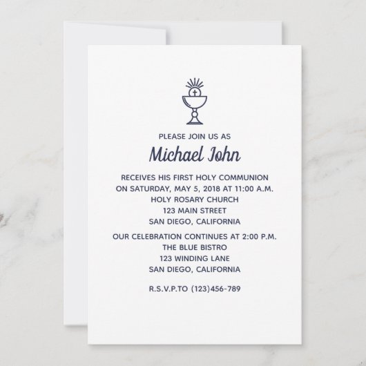 Invitation Élégant garçon bleu marine Première communion (Devant)