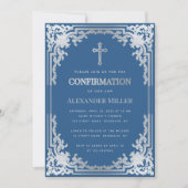 Invitation Elégant Garçon Confirmation Classic Blue Faux Arge (Devant)