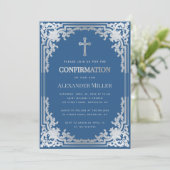 Invitation Elégant Garçon Confirmation Classic Blue Faux Arge (Debout devant)