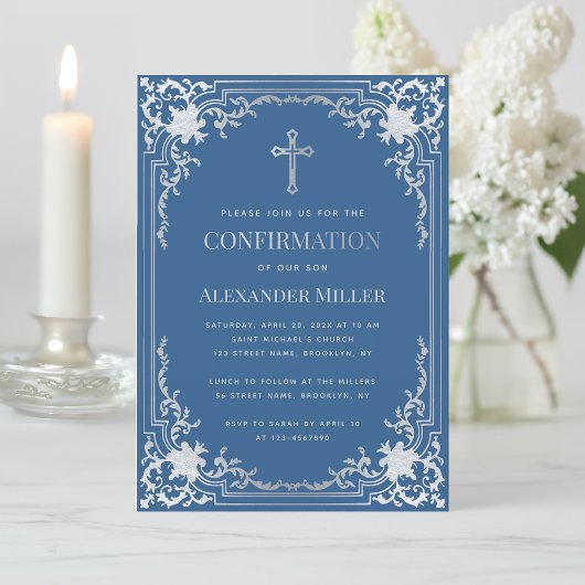 Invitation Elégant Garçon Confirmation Classic Blue Faux Arge