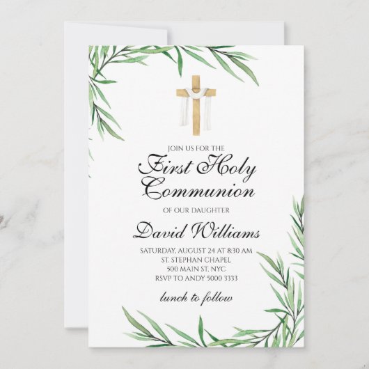 Invitation Élégant Garçon moderne Première Communion Verdure (Devant)