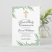 Invitation Élégant Garçon moderne Première Communion Verdure (Debout devant)