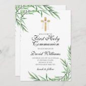 Invitation Élégant Garçon moderne Première Communion Verdure (Devant / Derrière)