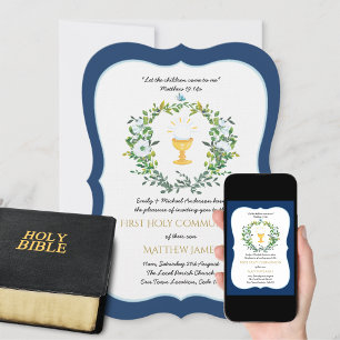 Invitation Elégant Garçons Marine Floral Première Sainte Comm