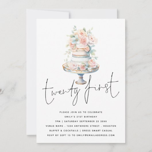 Invitation Élégant gâteau Dusty Peach Script 21e anniversaire (Devant)