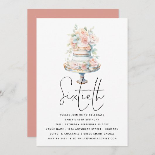 Invitation Élégant gâteau Dusty Peach Script 60e anniversaire (Devant / Derrière)