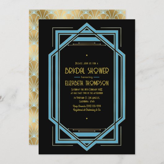 Invitation Elegant Gatsby Art Deco Blue & Gold Bridal Shower (Devant / Derrière)