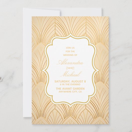 Invitation Elégant Gatsby Art Déco Mariage blanc & or (Devant)