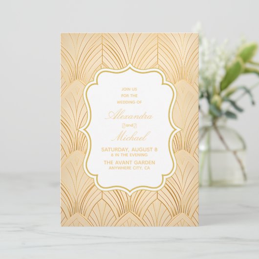 Invitation Elégant Gatsby Art Déco Mariage blanc & or (Debout devant)