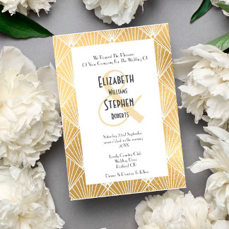 Invitation Elégant Gatsby Art Déco Mariage blanc & or