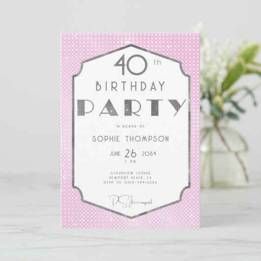 Invitation Elégant Gatsby blanc or rose déco 40e anniversaire (Debout devant)