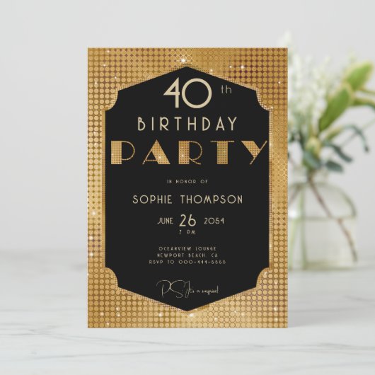 Invitation Elégant Gatsby Gold Parties scintillant Noir 40e a (Debout devant)