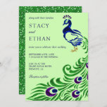 Invitation Elégant Gem Green Faux Parties scintillant Peacock<br><div class="desc">Éblouissez vos invités avec cette élégante invitation de mariage avec un beau paon brillant avec une typographie moderne contre un arrière - plan vert clair. Ajoutez simplement les détails de votre événement sur ce modèle facile à utiliser pour en faire une invitation unique. Retournez la carte pour révéler une fausse...</div>