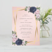 Invitation Elégant Geo Gold Navy Blue Blush Botanical Mariage (Debout devant)