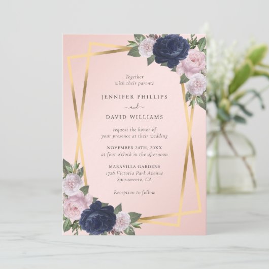 Invitation Elégant Geo Gold Navy Blue Blush Botanical Mariage (Debout devant)