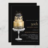 Invitation Élégant Glam Cake Florals Or 50e anniversaire Noir (Devant / Derrière)