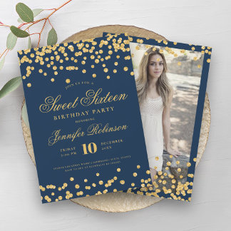 Invitation Elégant Glam Gold Navy Confetti Photo Sweet 16