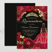 Invitation Élégant Glam Noir Or Rouge Quinceanera (Devant / Derrière)