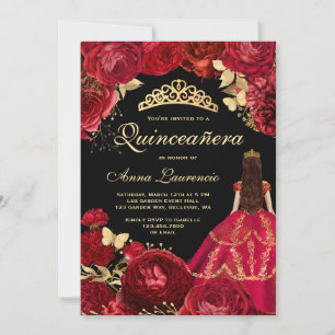 Invitation Élégant Glam Noir Or Rouge Quinceanera