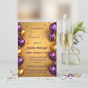Invitation Élégant Glam Purple Gold Ballons Parti de retraite