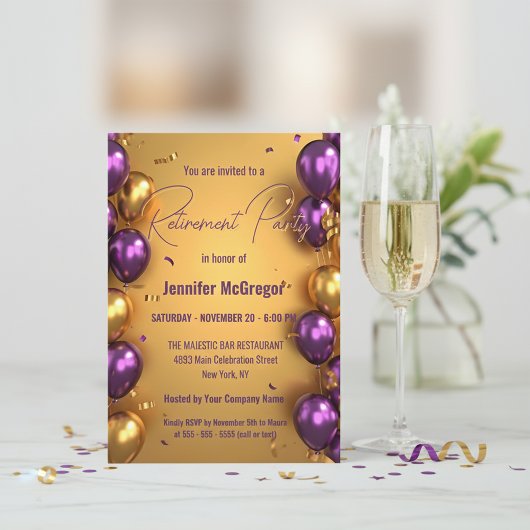 Invitation Élégant Glam Purple Gold Ballons Parti de retraite