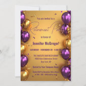 Invitation Élégant Glam Purple Gold Ballons Parti de retraite (Devant)