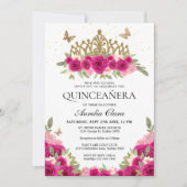 Invitation Élégant Glam rose Floral Or Tiara Quinceanera (Devant)
