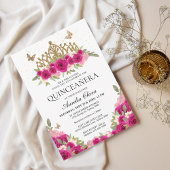 Invitation Élégant Glam rose Floral Or Tiara Quinceanera