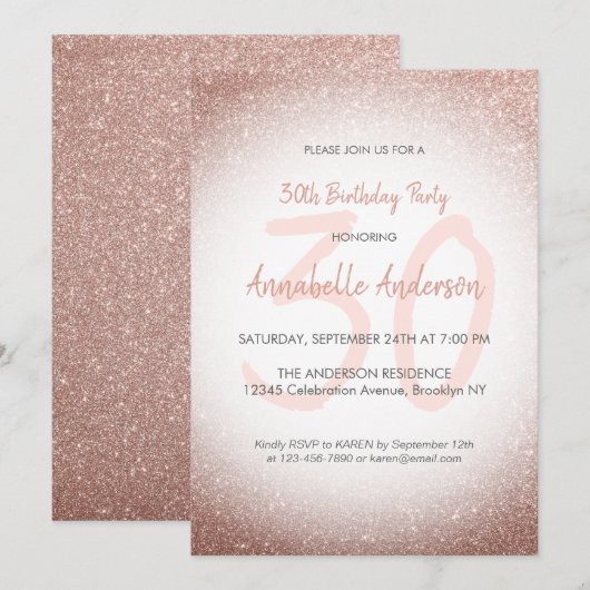 Invitation Élégant Glam Rose Rose Gold Sparkle 30e anniversai (Devant / Derrière)