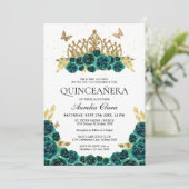 Invitation Elégant Glam Vert Floral Or Tiara Quinceanera (Debout devant)