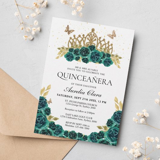 Invitation Elégant Glam Vert Floral Or Tiara Quinceanera