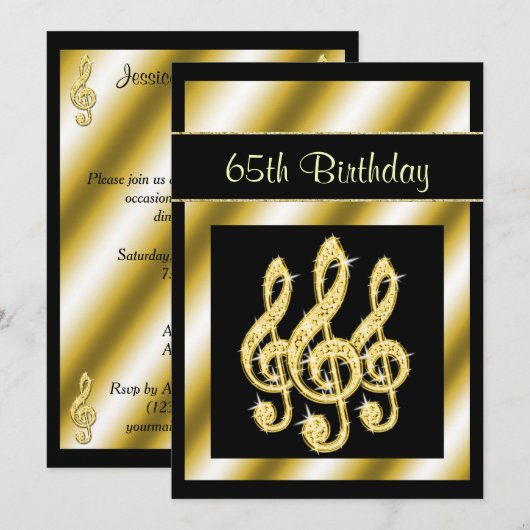 Invitation Elégant, Glamour Gold Treble Clefs 65e anniversair (Devant / Derrière)