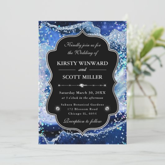 Invitation Elegant Glitter Agate Blue & Silver Wedding (Debout devant)