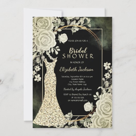 Invitation Elegant Glitter Dress Roses Bridal Shower (Devant)