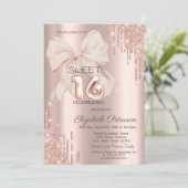Invitation Elegant Glitter Drips Pink Bow Rose Gold Sweet 16  (Debout devant)