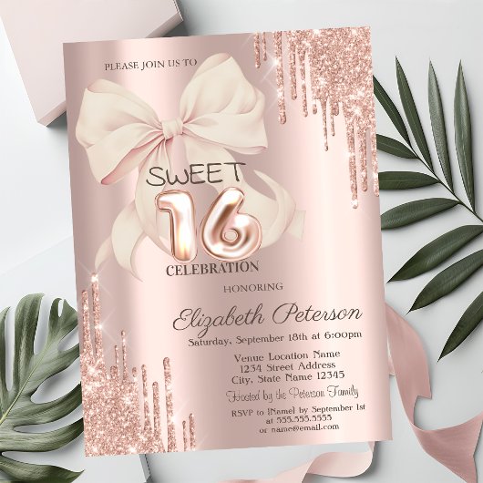 Invitation Elegant Glitter Drips Pink Bow Rose Gold Sweet 16 