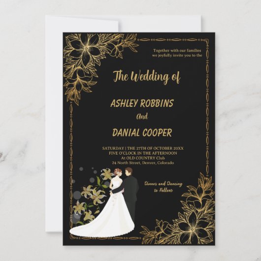 Invitation Elegant gold and Black Border floral Wedding  (Devant)
