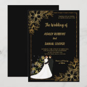 Invitation Elegant gold and Black Border floral Wedding  (Devant / Derrière)