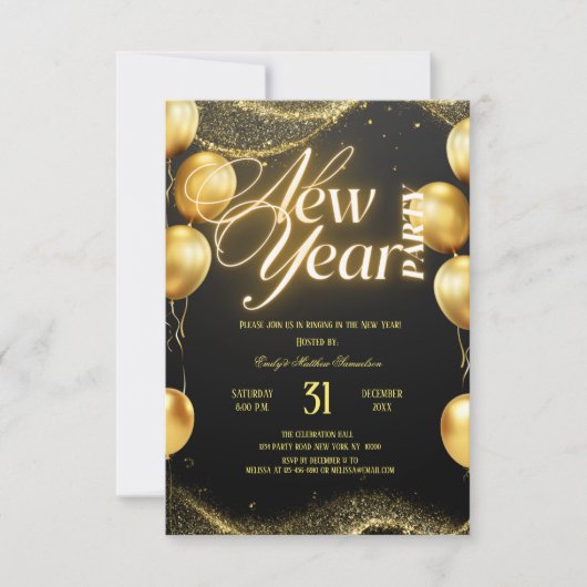 Invitation Elegant Gold Balloons New Year Party (Devant)