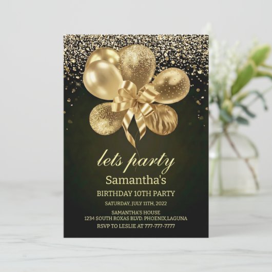 Invitation Elegant Gold Balloons on Black 10th Birthday Party (Debout devant)