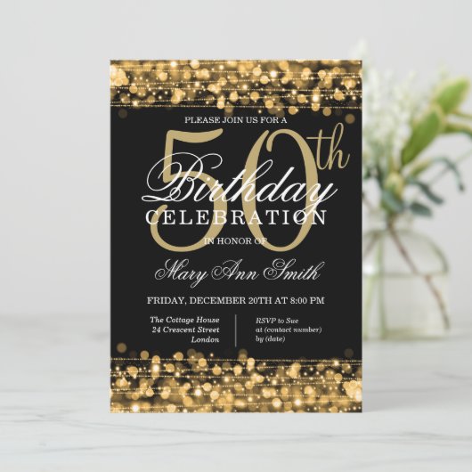 Invitation Élégant Gold & Black 50th Birthday Party Sparkles (Debout devant)