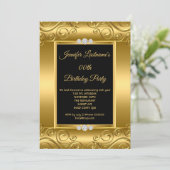 Invitation Elegant Gold Black Damask Photo Anniversaire (Debout devant)