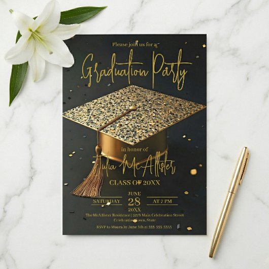 Invitation Elegant Gold Black Faux Glitter Cap Graduation