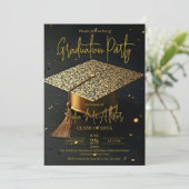 Invitation Elegant Gold Black Faux Glitter Cap Graduation (Debout devant)