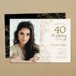 Invitation Elégant Gold Black Floral Photo 40e anniversaire<br><div class="desc">Invitation à la fête de 40e anniversaire en noir or avec votre photo sur le devant de la carte. Design moderne minimaliste avec accents de dessin botanique, fausse feuille d'or et police de script de typographie. Carte invitation simple et tendance, parfaite pour une célébration anniversaire élégante. Peut être customisé à...</div>