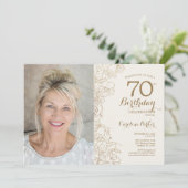 Invitation Elégant Gold Black Floral Photo 70e anniversaire (Debout devant)
